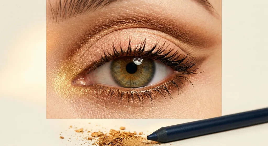 Close-up van een enkel oog met een metallic gepakt shimmer lid, scherpe concealer-cut matte crease, grafische zwarte winged liner en een gedurfde gestructureerde wenkbrauw, gefotografeerd tegen een crèmekleurige achtergrond met los goud pigment ernaast