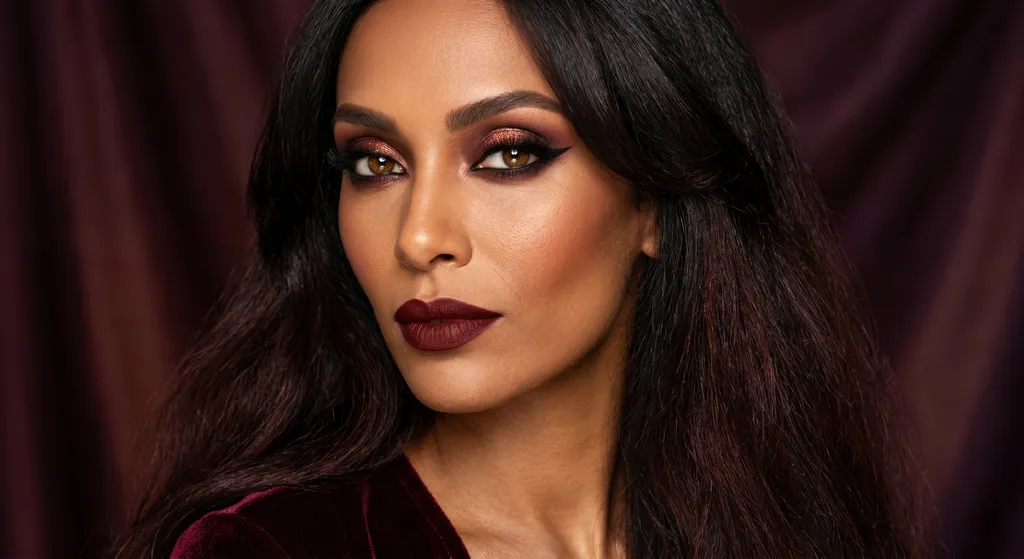 Diep bordeaux blown-out smokey eye met koper-bordeaux shift centrum, zwarte wing en ossenbloed lip op Diepe Herfst kleuring