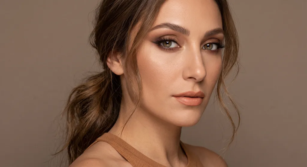 Warme gedempte bruine smokey eye met karamel-brons centrum en grafische warme bruine wing op Zachte Herfst kleuring