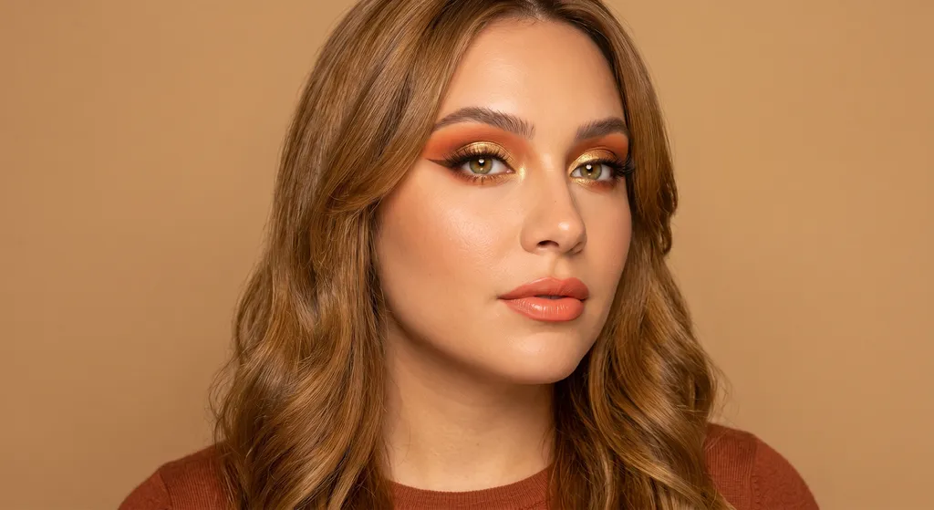 Warme oranje blown-out crease met goud lidcentrum en grafische bruine wing op Ware Lente kleuring