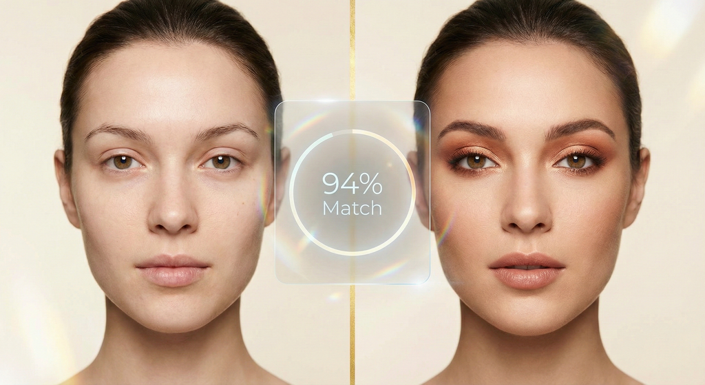 AI-generated personalized eye makeup look showing before and after with 94% match score