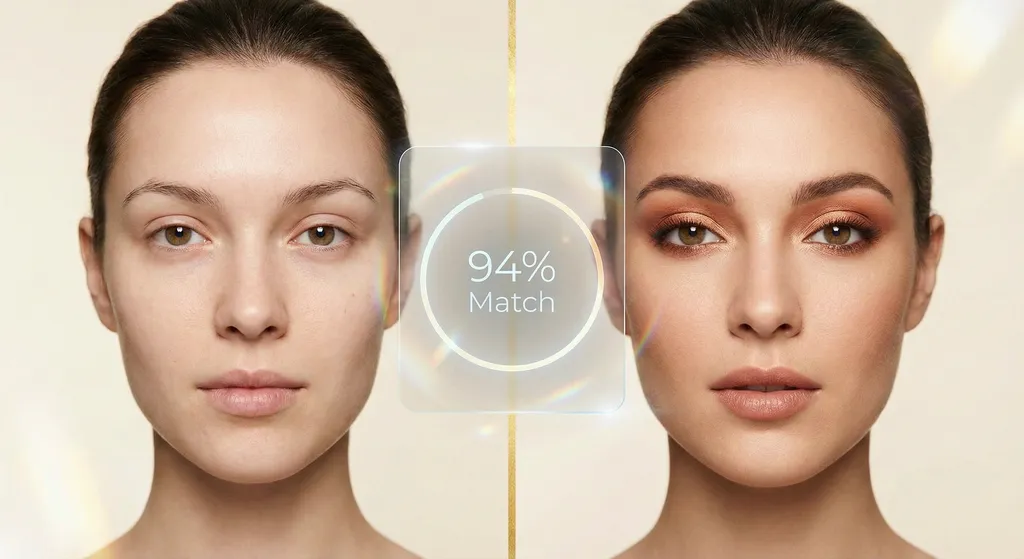 AI-gegenereerde gepersonaliseerde oogmake-up look met voor en na en 94% matchscore