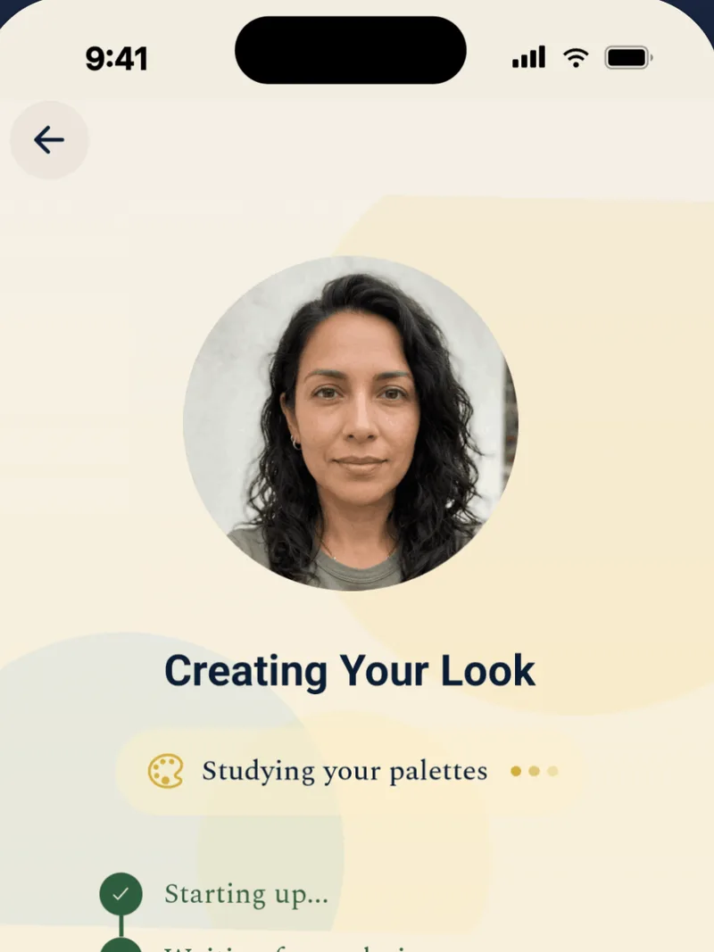 BeautySpark Creating Your Look screen showing one user's photo above the progress steps for starting up and studying palettes
