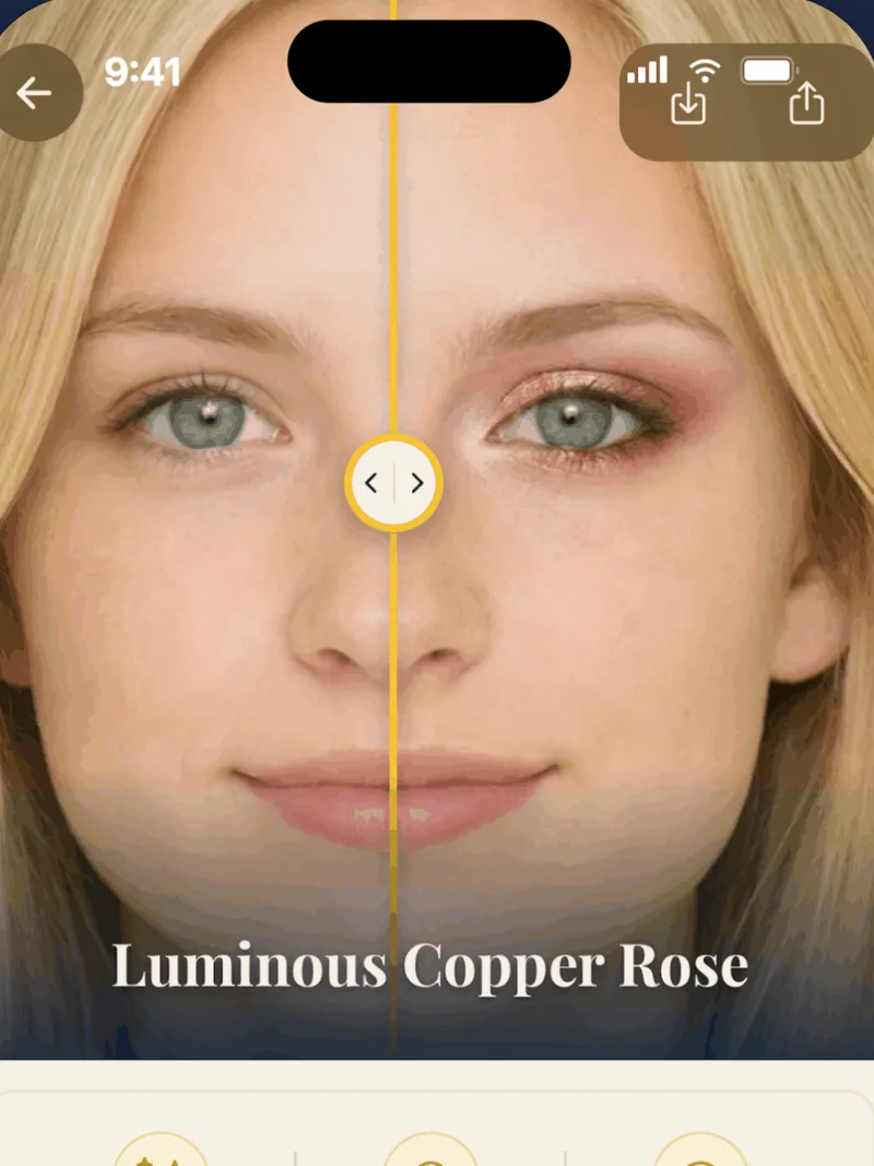 BeautySpark before and after comparison slider on a different user's photo showing the Luminous Copper Rose eye look