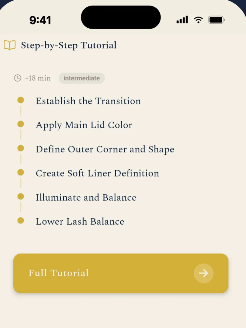 BeautySpark step-by-step tutorial screen listing six bulleted eyeshadow steps on a timeline, tagged intermediate with an estimated time of about 18 minutes