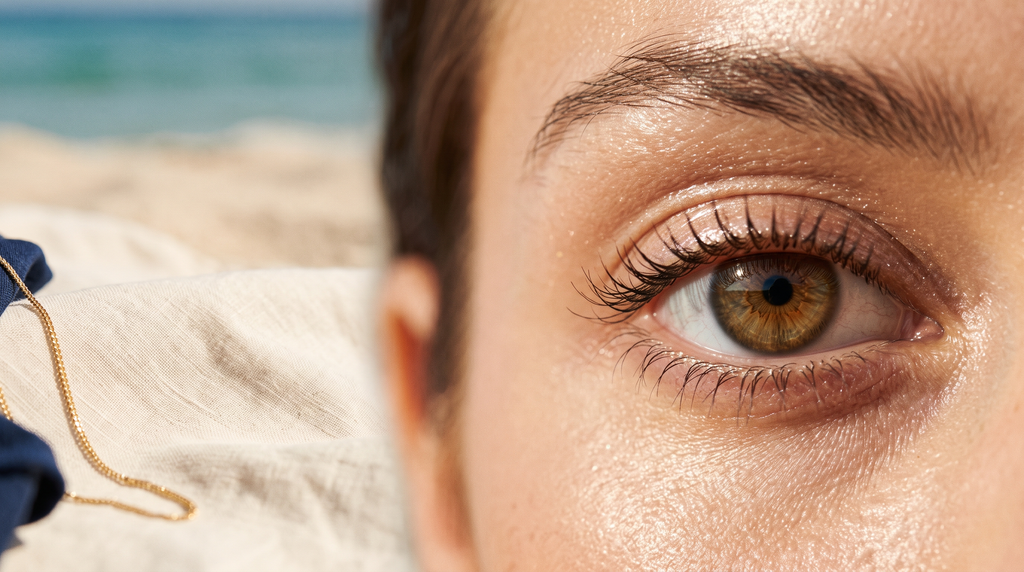 Gros plan d'un maquillage des yeux glacé et lumineux captant la douce lumière du jour, avec une touche de texture de sable et d'eau dans l'arrière-plan flou