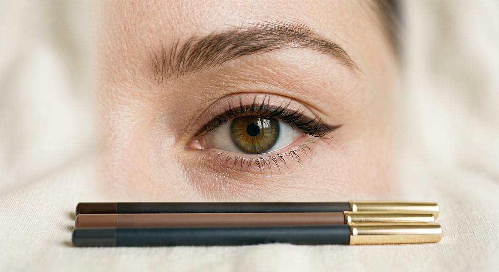 Close-up of a single eye with a soft, even pencil line along the upper lashes, with liner pencils in espresso, charcoal, and warm brown resting in soft focus on a cream surface