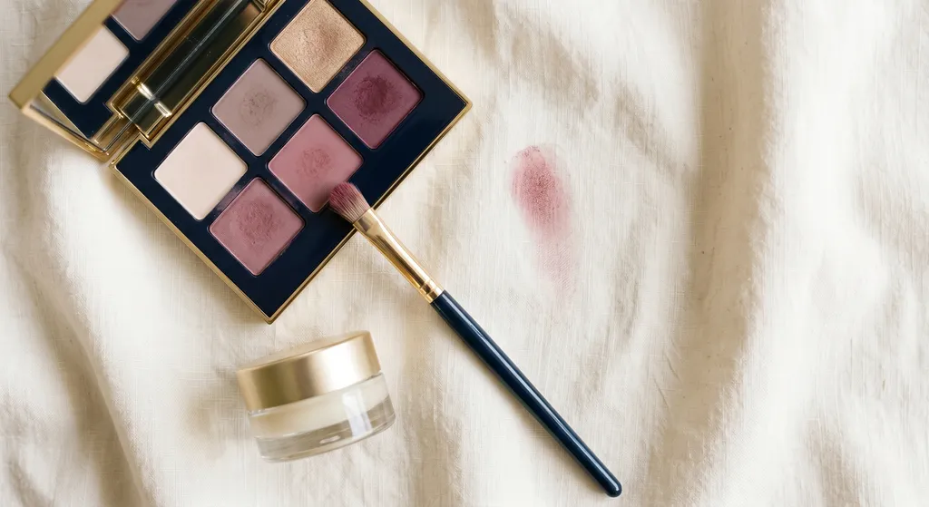 Une palette de fards à paupières neutres à côté d'un baume à lèvres transparent et d'un petit pinceau plat sur une surface crème, avec un échantillon de pigment rose poudré