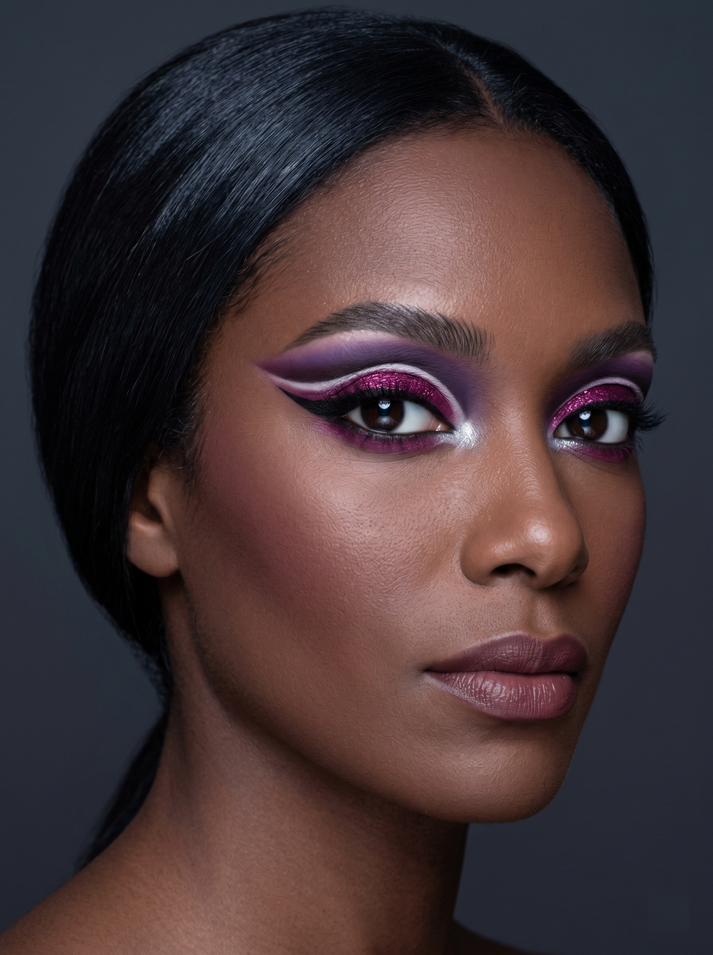 Diepe Winter festivaloog met een dicht fuchsia glitterooglid omlijst door een gestapelde wit-zwarte dubbele outline wing, over een rijke pruimen crease
