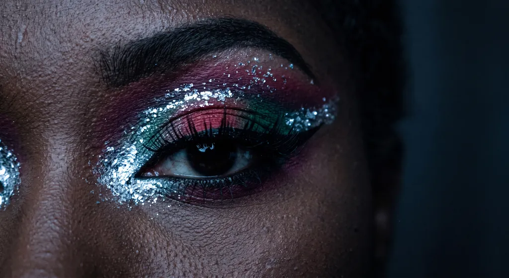 Gros plan d'un œil festival Hiver Sombre unique avec une aile graphique noir de jais, un dégradé de teintes joyaux froides en rouge, prune et émeraude, et une touche glacée argent chromé au coin interne, photographié en éclairage dramatique à source unique sur un fond presque noir