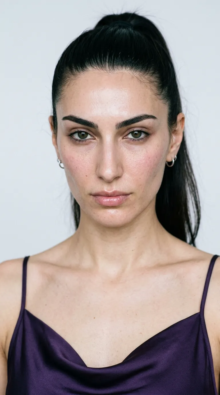 Portrait sans maquillage d'une femme au teint mat froid, un surton vert-gris sur un sous-ton rose, sur un fond neutre doux