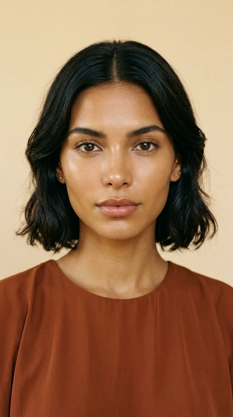 Portrait sans maquillage d'une femme au teint mat chaud, un surton vert-doré sur un sous-ton doré, sur un fond neutre chaud