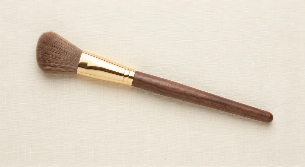 Angled cheek brush with soft rounded bristles cut on a slant, wood handle and gold ferrule