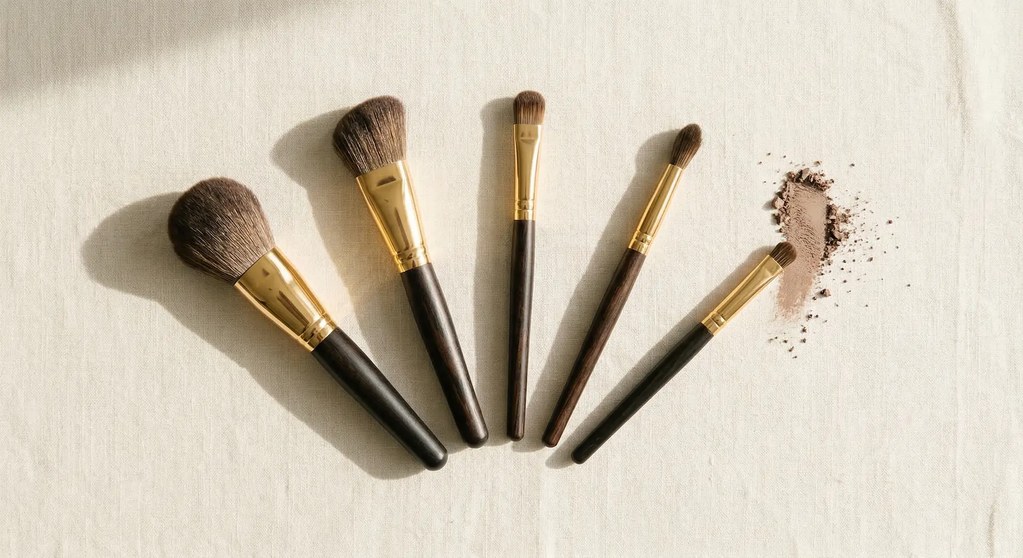 Six essential makeup brushes arranged in a deliberate arc on cream linen with a warm taupe eyeshadow swatch beside the smallest brush
