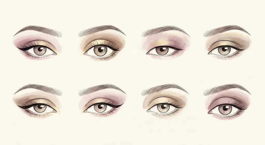 Ilustração mostrando 8 formatos diferentes de olhos com técnicas de maquiagem rotuladas