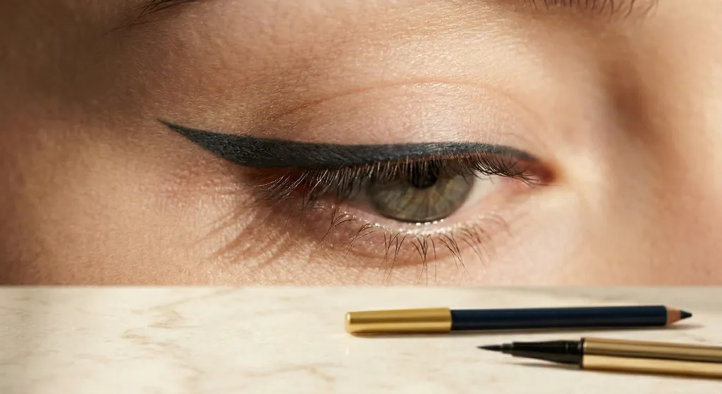 Precieze cat-eye liner op één oog ter demonstratie van eyelinertechniek voor verschillende oogvormen