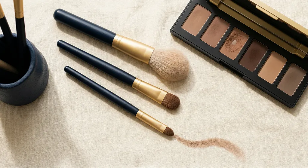 Flat-lay de três pincéis de sombra ao lado de uma paleta de neutros mates sobre linho cor de creme, com um swatch suave de sombra taupe