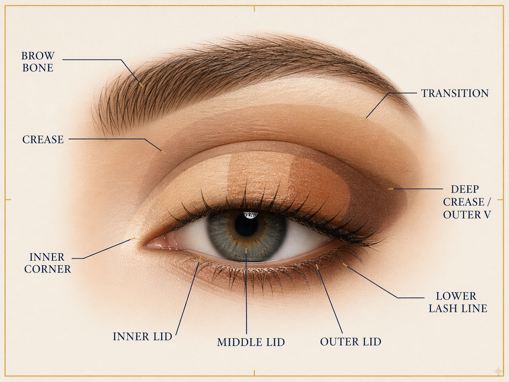 Overview of all seven eyeshadow zones on the eye, numbered and labeled