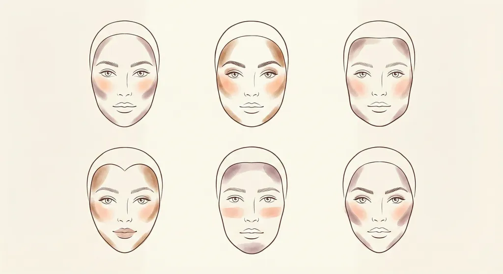 Gezichtsvorm make-up gids met contour- en blushplaatsing voor 6 gezichtsvormen