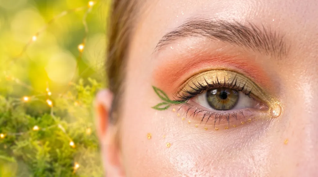 Gros plan sur un œil à la peau lumineuse et fraîche, avec un voile irisé rose et or, un délicat trait graphique en forme de liane et une petite touche brillante en goutte de rosée au coin interne