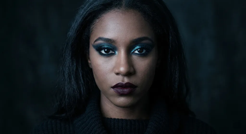 Goth-inspired Gothic Teal Glitter eye look for Dark Winter coloring