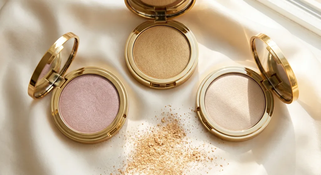Drie open highlighter-compacts (warm goud, koel roze en zacht champagne) op crèmekleurig satijn met los shimmerpoeder in natuurlijk raamlicht