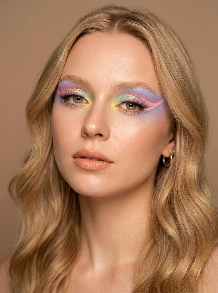 Light Spring festivaløje med et blødblåt øjenlåg og en lagdelt fersken-koral grafisk liner, der løber ud i en komethale, champagneglitter på det indre øjenlåg, ingen sten og ingen sort eyeliner