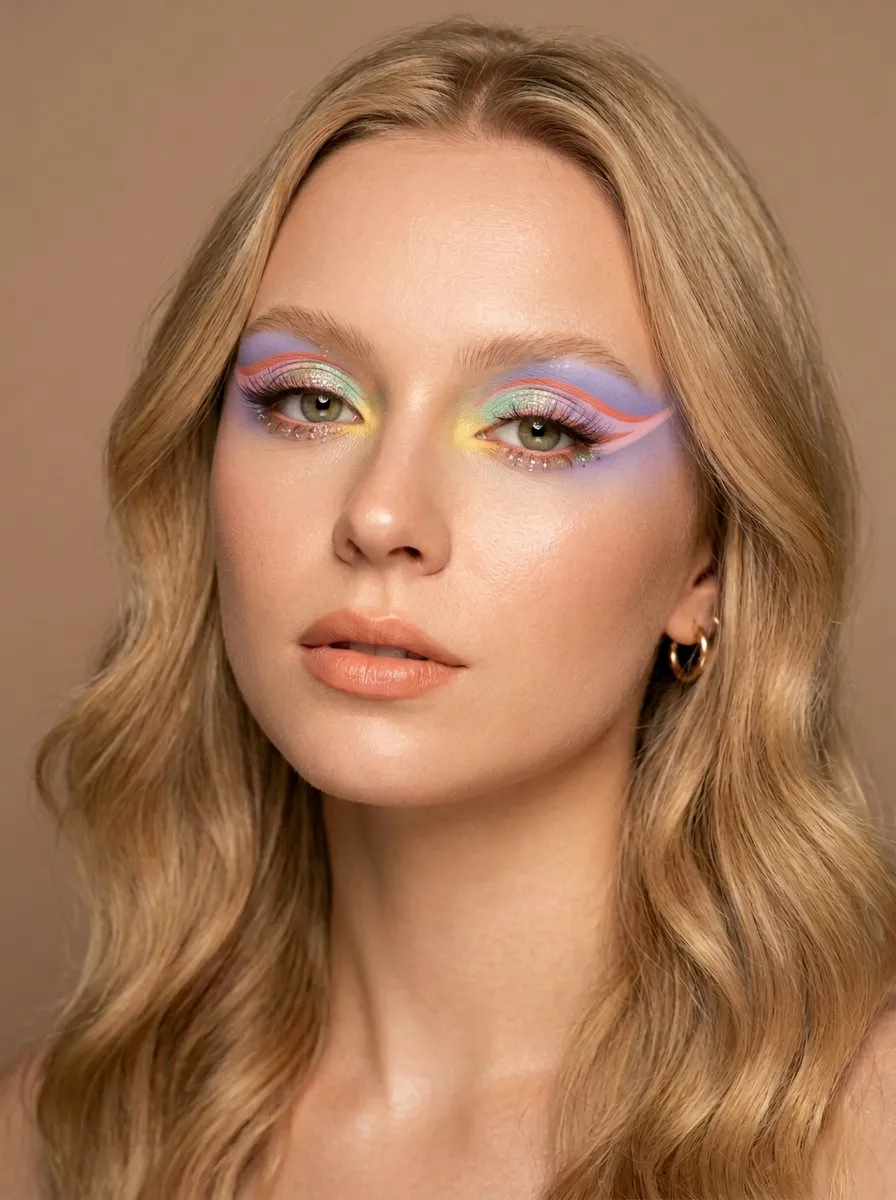 Lichte Lente festivaloog met een zacht blauw ooglid en een gelaagde perzikkoraal grafische liner die uitloopt in een kometenstaart, champagneglitter op het binnenste ooglid, zonder steentjes en zonder zwarte eyeliner