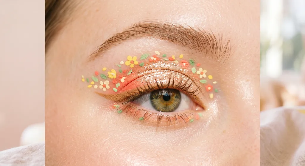 Close-up van één Lichte Lente festivaloog in warm koraal en champagneglitter met handgeschilderd bloemendetail, zonder steentjes en zonder zwarte eyeliner, gefotografeerd in helder diffuus daglicht tegen een bleke blush-crème achtergrond
