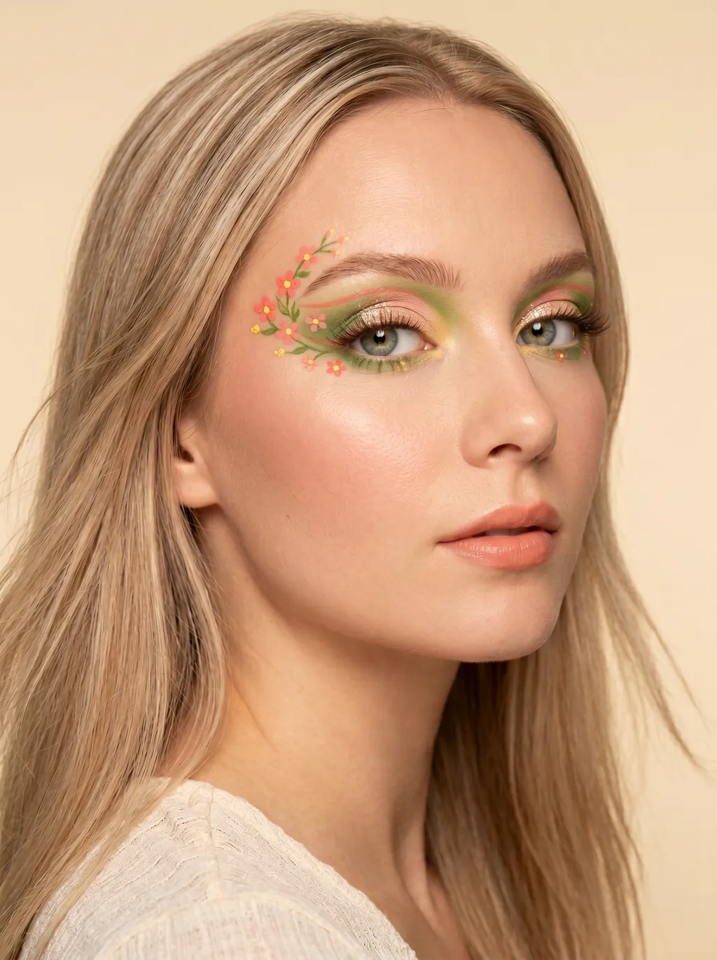 Lichte Lente festivaloog met een groen-gedreven, handgeschilderd wildebloemenontwerp over het hele ooglid, koraal- en boterbloembloemen met grasgroene steeltjes, zonder steentjes en zonder zwarte eyeliner
