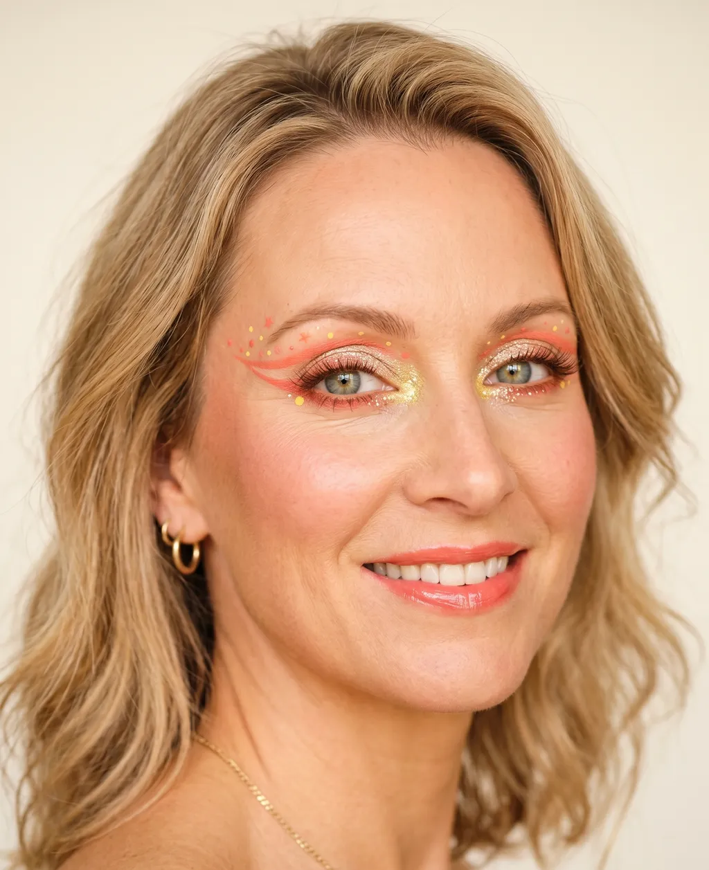Lichte Lente festivaloog dat roze-gedreven en glitterdoordrenkt is, met een verdubbelde koralen grafische wing, dichte champagneglitter op het ooglid en geschilderde confettistipjes, zonder steentjes en zonder zwarte eyeliner