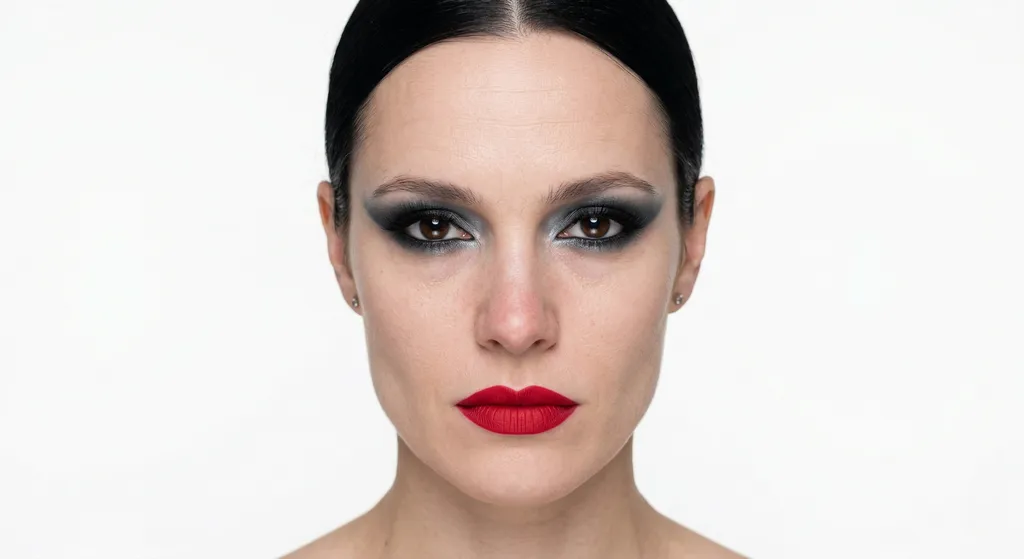 Markant øjen- og læbe-makeup båret sammen i editorial stil