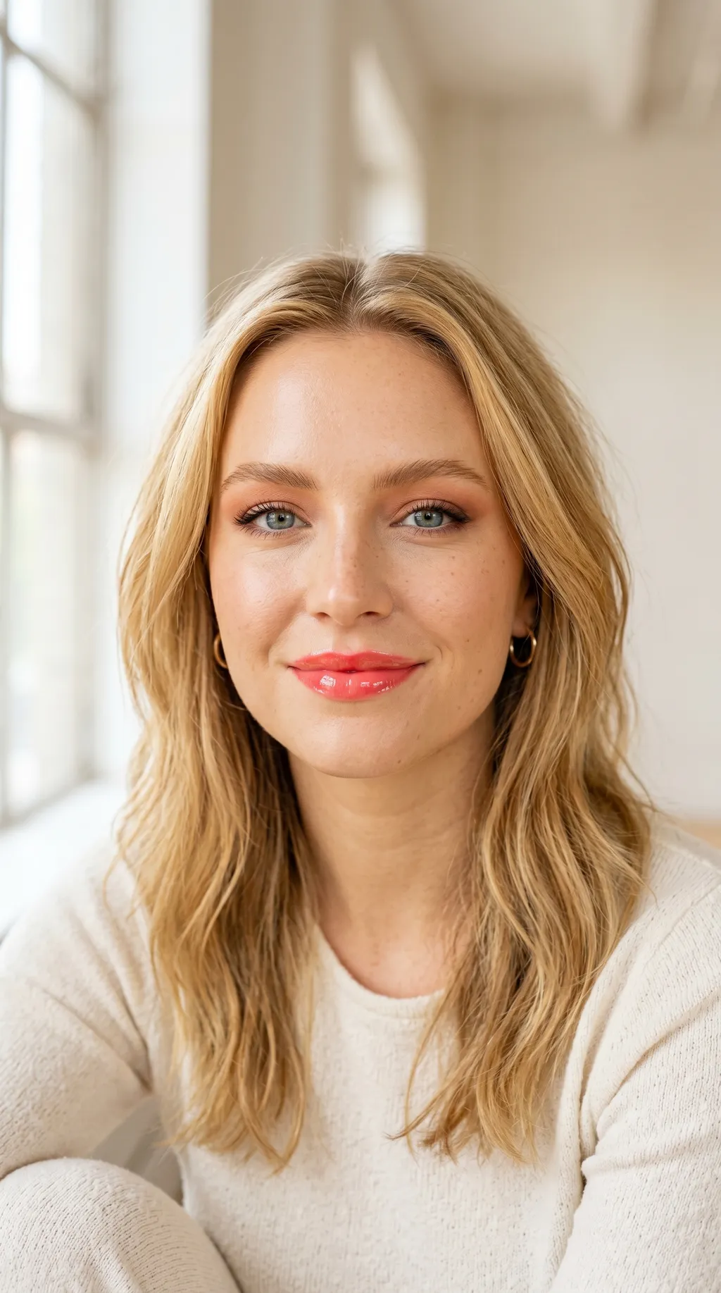 Blødt mat øjenlook balanceret med en glossy læbe for en frisk moderne finish