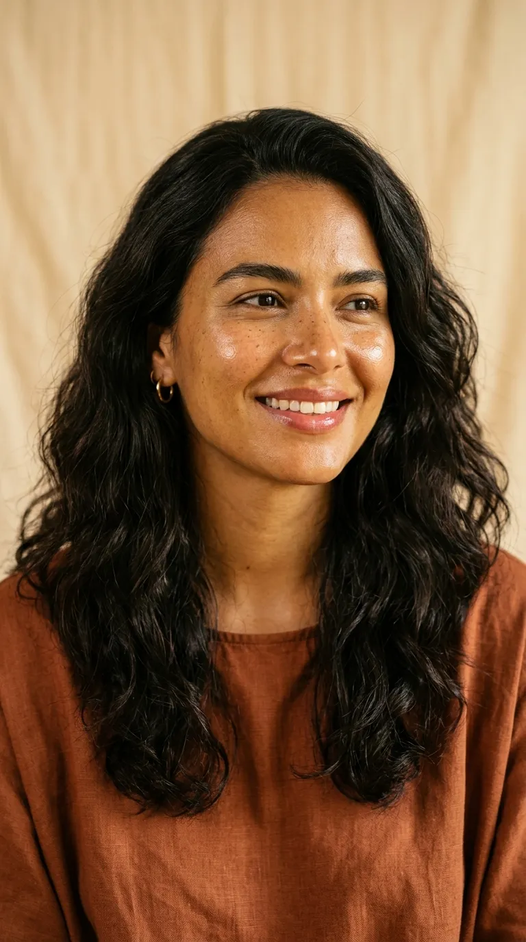 Portret van een glimlachende vrouw met warme olijfhuid, een groengouden zweem over een goudgele ondertoon, donker golvend haar, tegen een warmbeige achtergrond