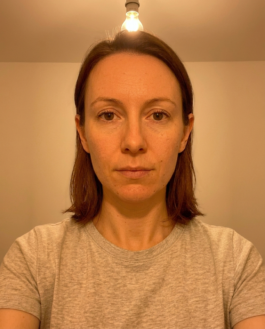 Selfie taken under harsh overhead fluorescent lighting showing a greenish color cast on skin