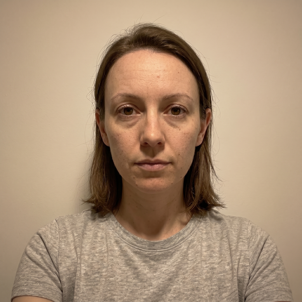 Selfie taken under overhead lighting with shadows under the eyes nose and chin
