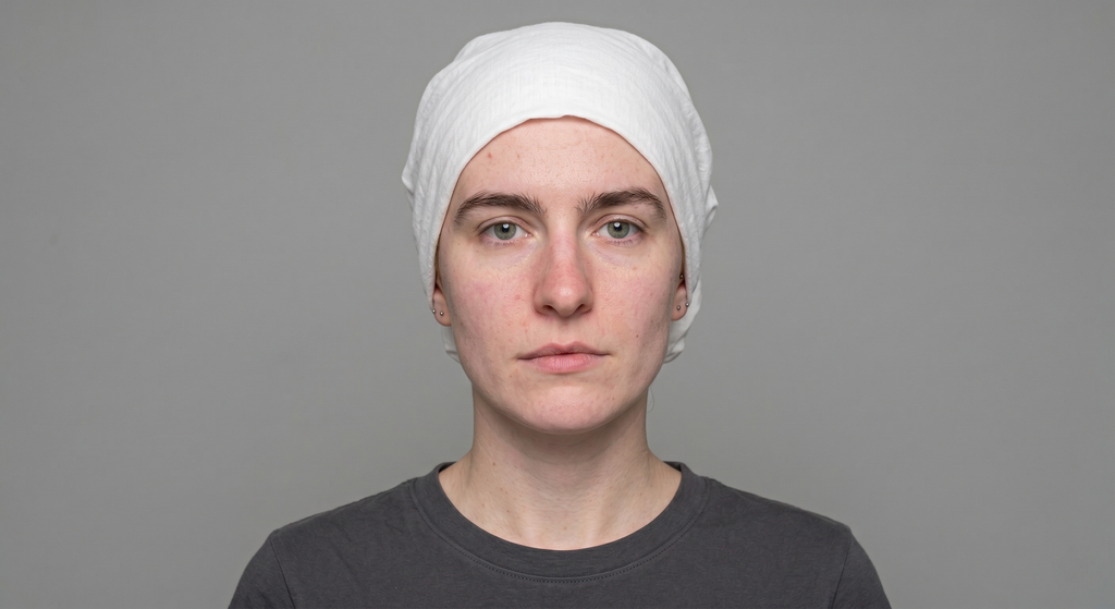 Selfie with dyed hair covered by a white cloth preventing color reflection on skin