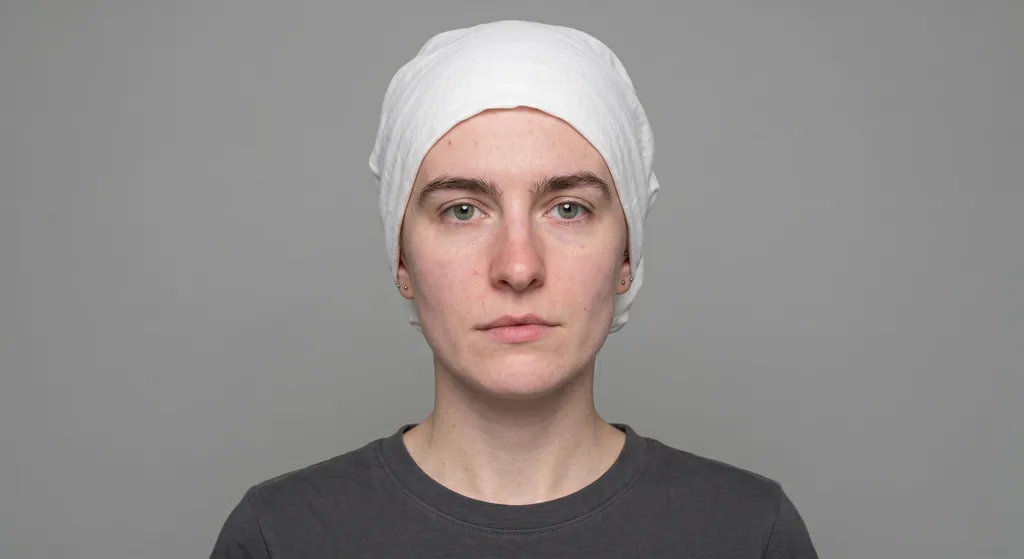 Selfie met geverfd haar bedekt met een witte doek die kleurreflectie op de huid voorkomt