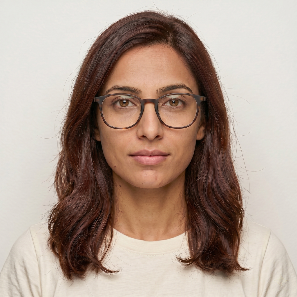 Selfie wearing glasses with visible lens reflections and frame shadows obscuring eye area
