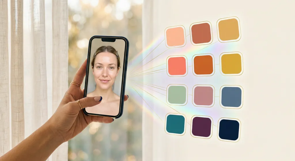 Smartphone toont een goed verlichte selfie zonder make-up bij een raam met AI-kleuranalyse-overlay
