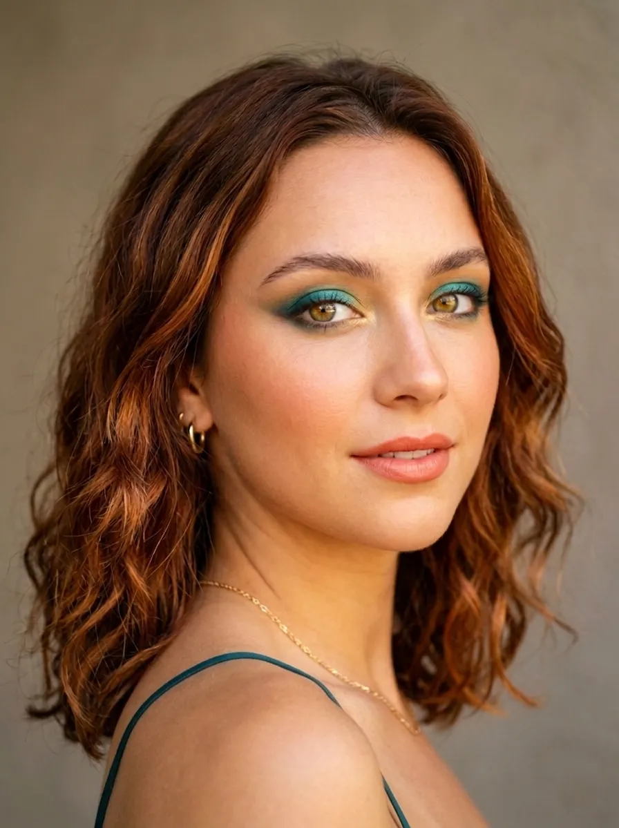 Vivid warm teal smoky eye with golden beige transition and warm gold inner corner on Bright Spring coloring
