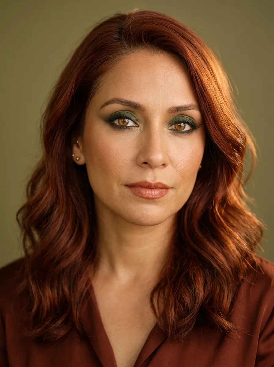 Warm forest green smoky eye with espresso depth and antique gold inner corner on True Autumn coloring