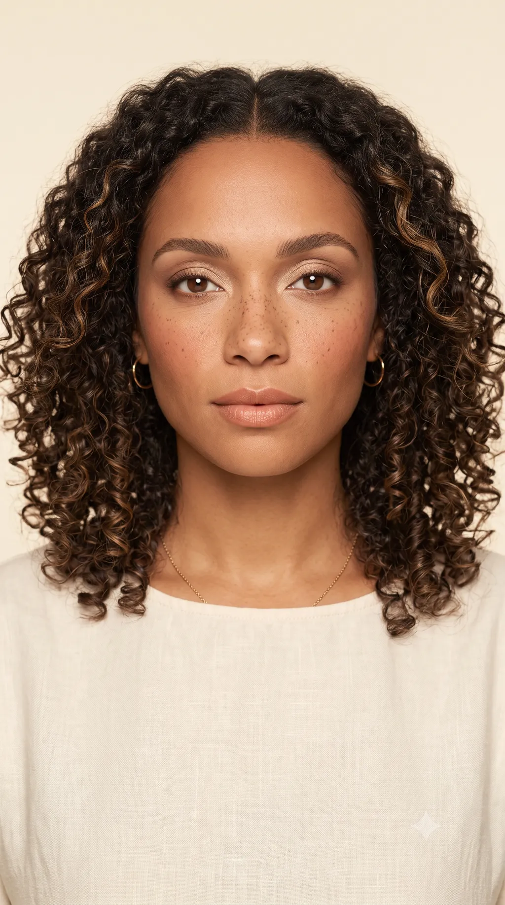 Soft Autumn everyday eye with warm taupe on the lid, copper blended through the crease, champagne catching light at the center and inner corner, and soft brown definition along the upper lashes