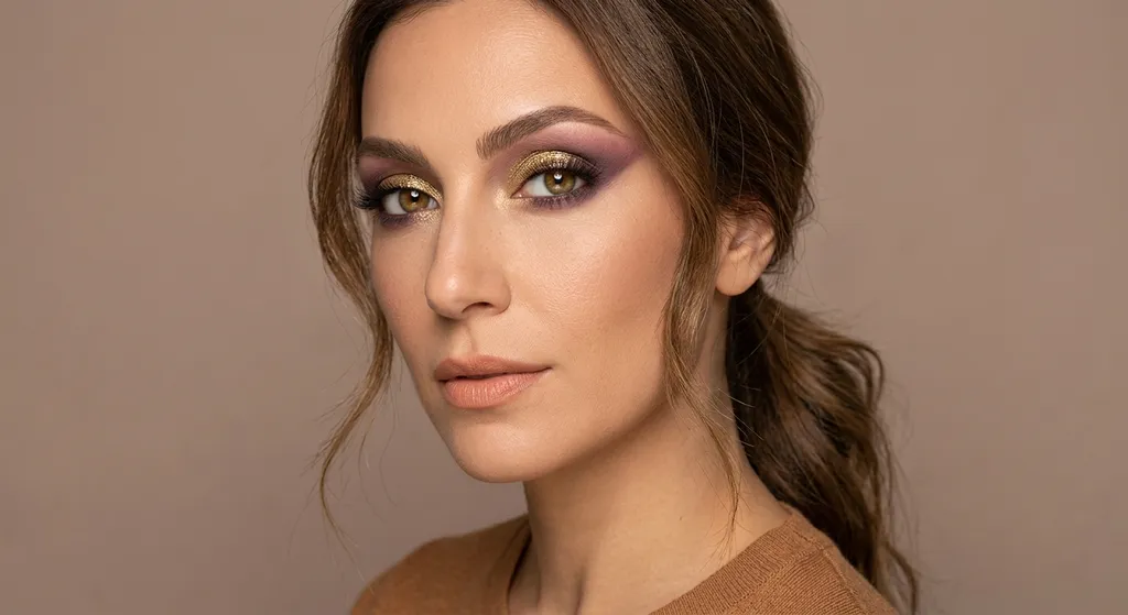 Blød Efterår festivaløje med blødt guld-shimmer på øjenlåget, der draperer ind i en blendet blomme- og mauve-wash hen over folden og det ydre hjørne, ingen sort eyeliner og ingen hårde kanter