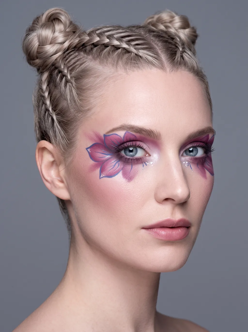 Olho de festival Verão Puro com uma grande flor pintada à mão em rosa pink e ameixa suave que envolve da pálpebra até abaixo do olho, contornada em azul-violeta, com um lavado esfumado de ameixa suave na pálpebra e acentos de brilho gelado ao longo da linha inferior de cílios, sem pedrarias e sem tons quentes