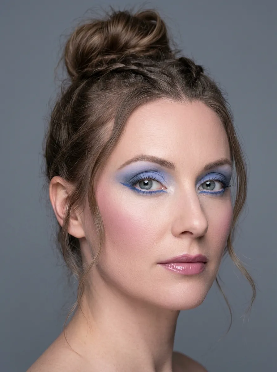 Olho de festival Verão Puro com um lavado azul centáurea na pálpebra e um delineado gráfico em azul-marinho suave traçado ao longo da linha d'água e prolongado em uma asa curta, com iluminador branco gelado no osso da sobrancelha, sem delineador preto e sem tons quentes