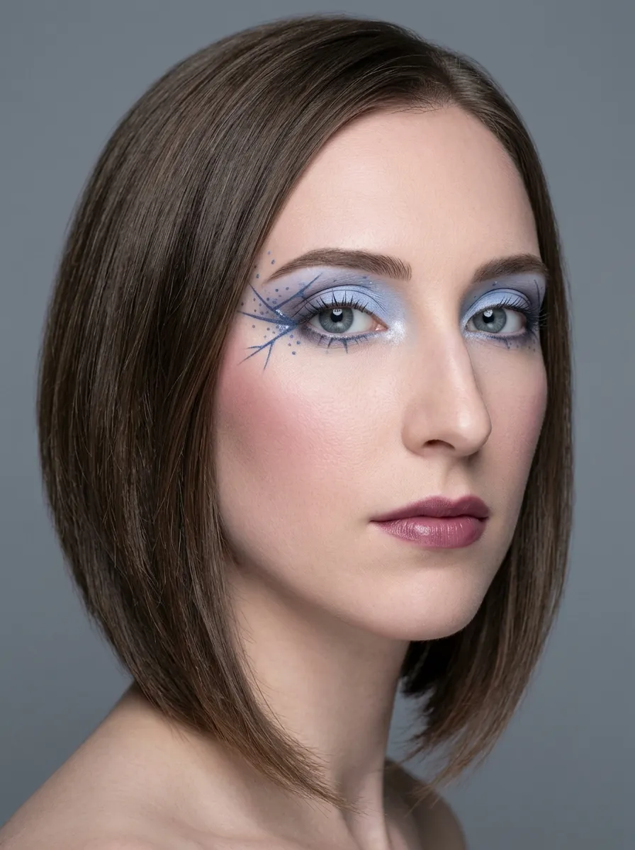 Olho de festival Verão Puro com um lavado translúcido de azul aço na pálpebra e um traçado fino de geada ramificado em azul-marinho suave que se abre do canto externo em direção à têmpora, com flocos de glitter prata gelada espalhados, sem pedrarias e sem tons quentes