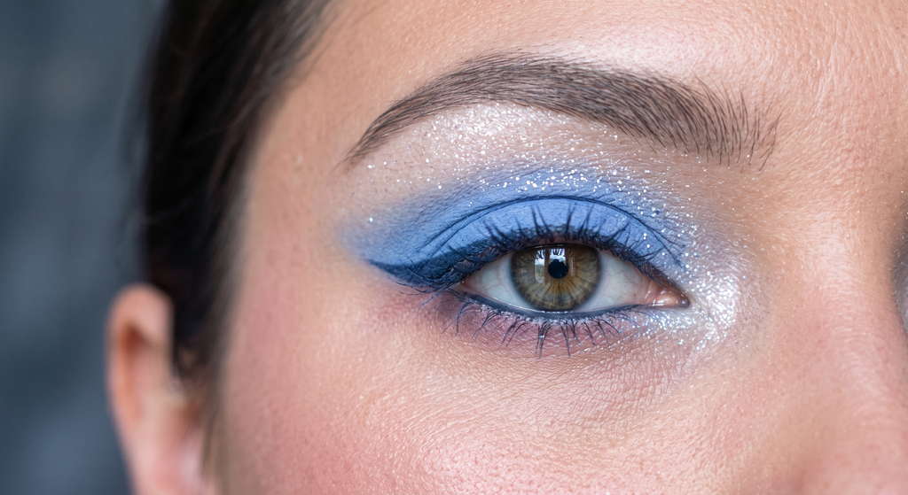 Gros plan sur un œil festival Vrai Été unique en bleu bleuet frais et eye-liner graphique bleu marine doux avec un éclat blanc glacé, sans liner noir ni tons chauds, photographié dans une lumière froide diffuse sur un fond gris ardoise