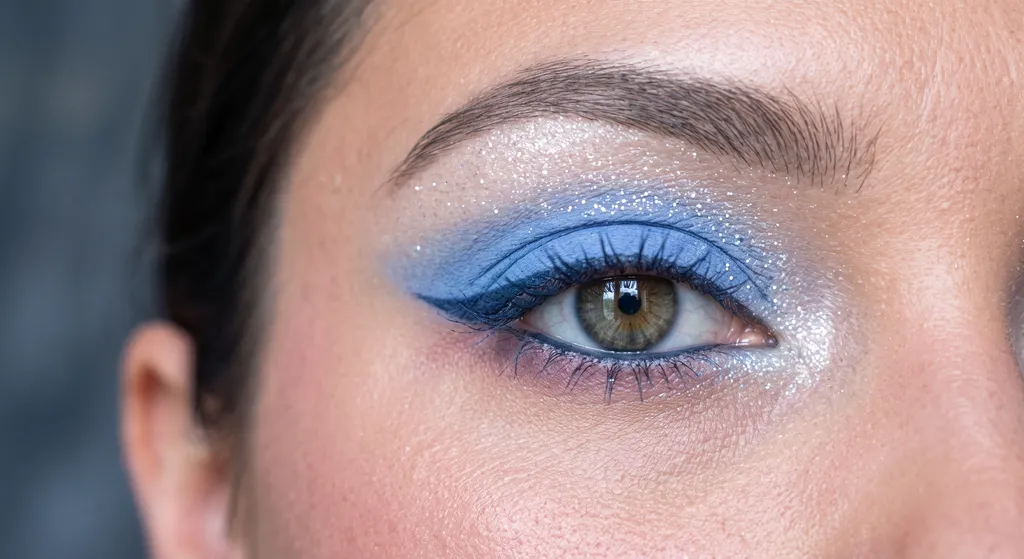 Close de um único olho de festival Verão Puro em azul centáurea frio com delineado gráfico em azul-marinho suave e brilho branco-gelado, sem delineador preto e sem tons quentes, fotografado em luz fria e difusa contra um fundo cinza-ardósia