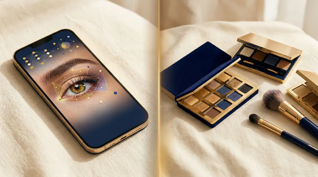 Gesplitste compositie met een smartphone met AI-interface en kleurenanalyse naast echte oogschaduwpaletten en kwasten